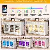 Extendable Kitchen Island with LED Lights - 120-200cm Dining Table with Storage, Drawers and Glass Cabinets, White