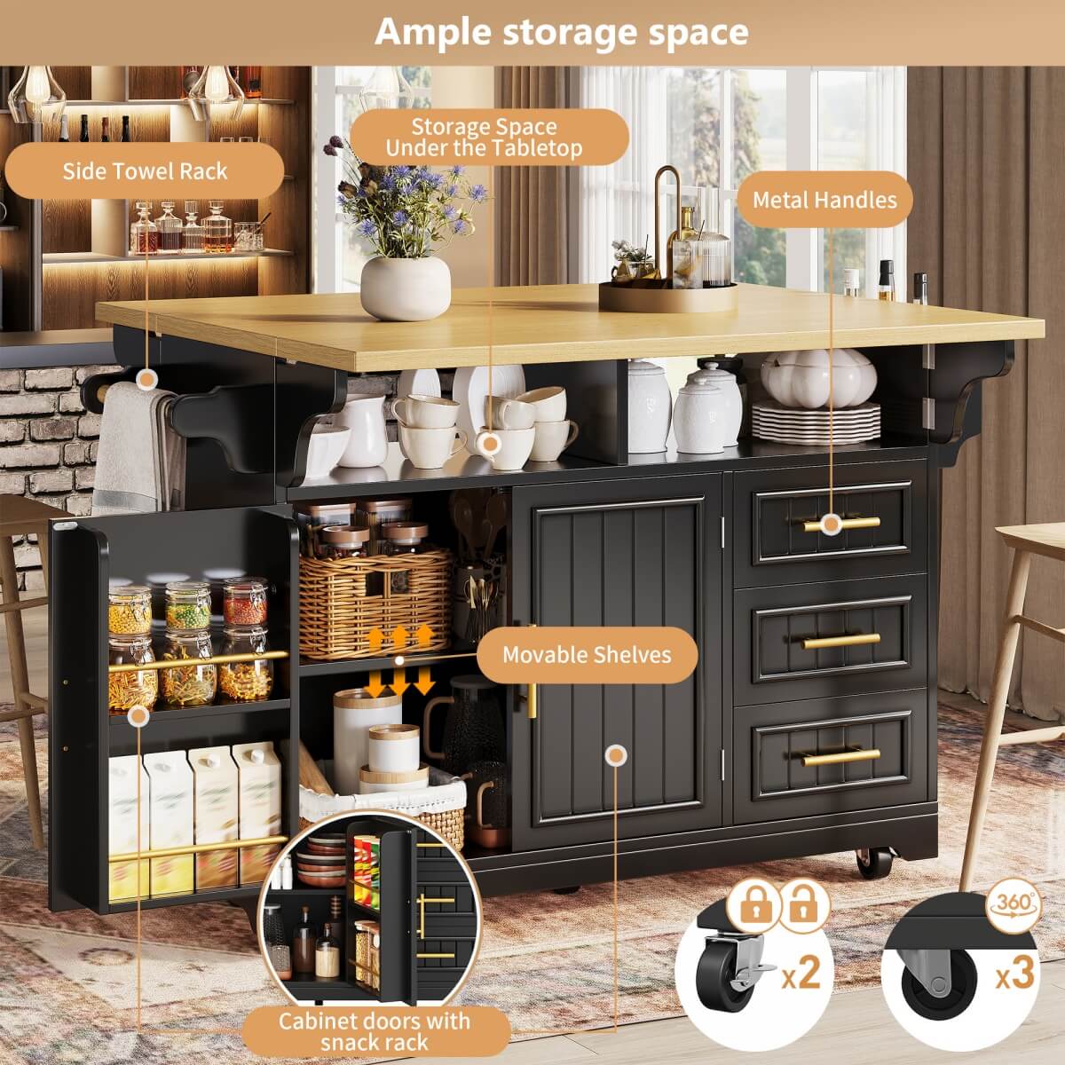 Black Kitchen Island with Extendable Dining Table - Rolling Kitchen Island with Storage Drawers, Vertical Slat Doors and Double Fold-Out Worktop