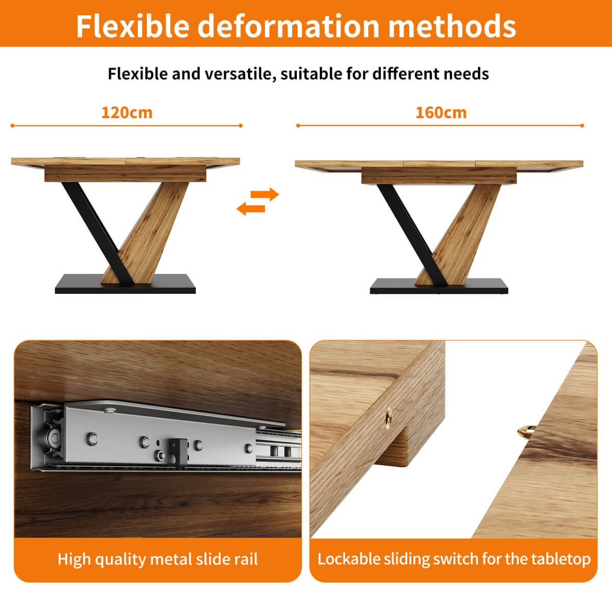 Extendable Dining Table – 120–160 cm Wood Grain Table for Kitchen & Living Roo