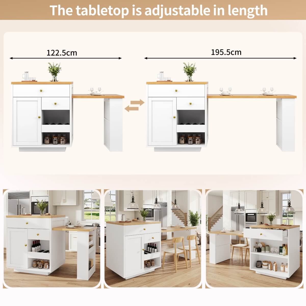 Extendable Kitchen Island Bar Table - Dining Cart with Storage, 3 Drawers & Wine Rack, Seats 2–6, White