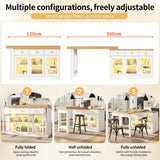 Extendable Kitchen Island with LED Lights - 120-200cm Dining Table with Storage, Drawers and Glass Cabinets, White