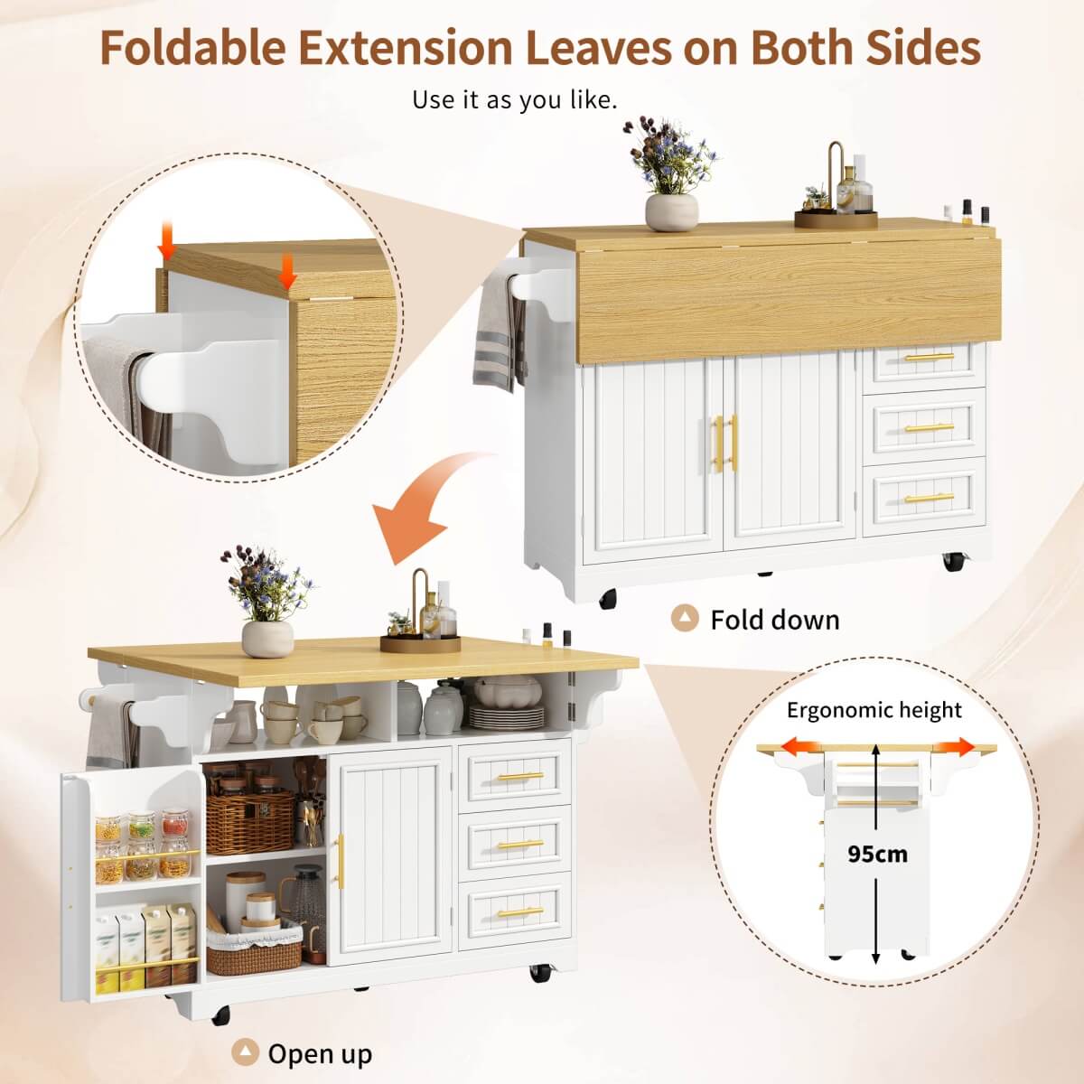 White Kitchen Island with Extendable Dining Table - Rolling Kitchen Island with Storage Drawers, Vertical Slat Doors and Double Fold-Out Worktop