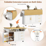 White Kitchen Island with Extendable Dining Table - Rolling Kitchen Island with Storage Drawers, Vertical Slat Doors and Double Fold-Out Worktop
