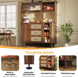174.5cm Rattan Sideboard - Kitchen Storage Cabinet with Glass Sliding Doors, Natural Oak & Walnut Effect