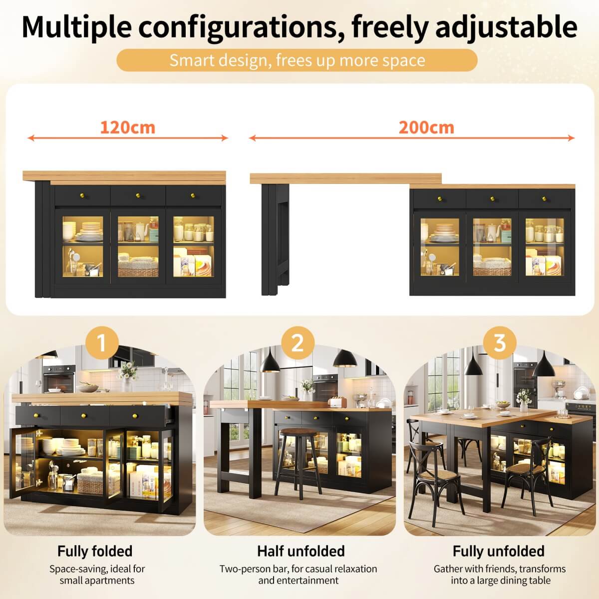 Extendable Kitchen Island - 120-200cm Dining Table with Storage, LED Lights, Drawers & Glass Cabinets, Black