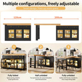 Extendable Kitchen Island - 120-200cm Dining Table with Storage, LED Lights, Drawers & Glass Cabinets, Black