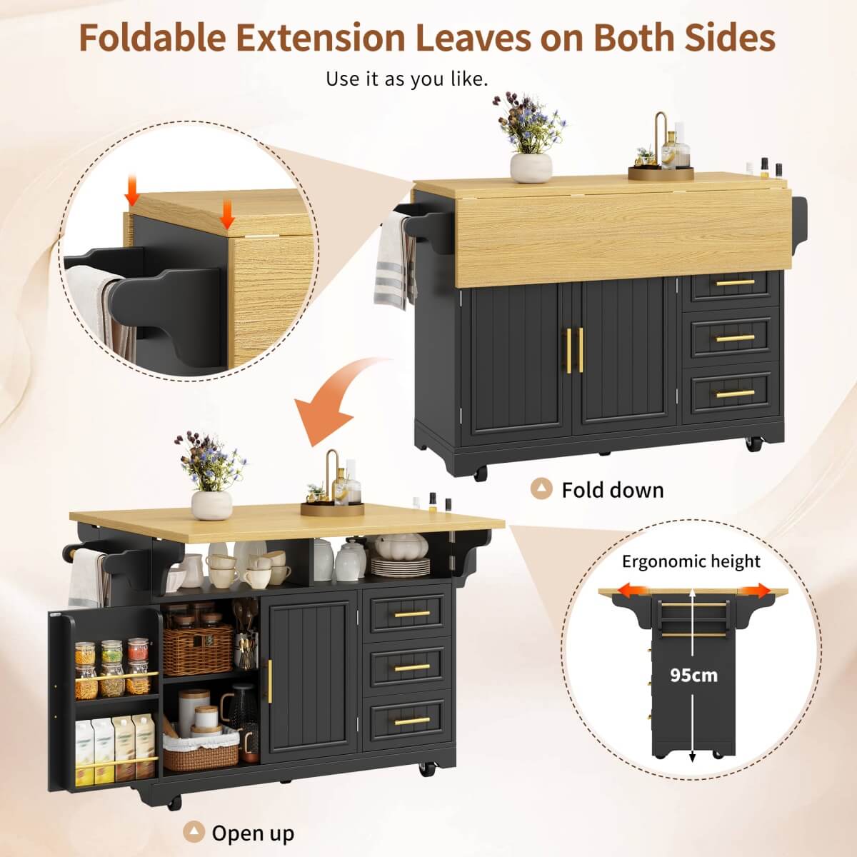 Black Kitchen Island with Extendable Dining Table - Rolling Kitchen Island with Storage Drawers, Vertical Slat Doors and Double Fold-Out Worktop