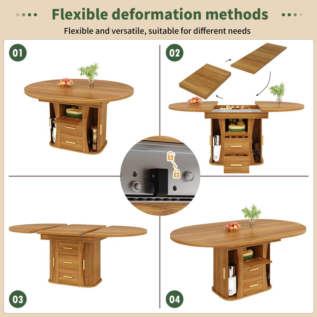 Extendable Round Dining Table 118–158cm - Kitchen Table Converts to Oval, Seats 6, 3-Tier Storage, Walnut