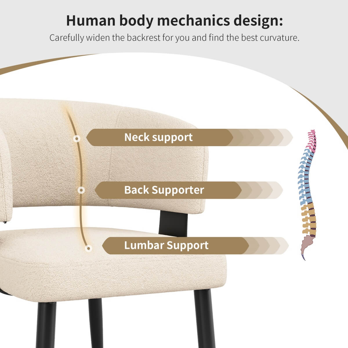 Set of 2 Upholstered Dining Chairs – Curved Backrest, Soft Padded Seat and Metal Legs