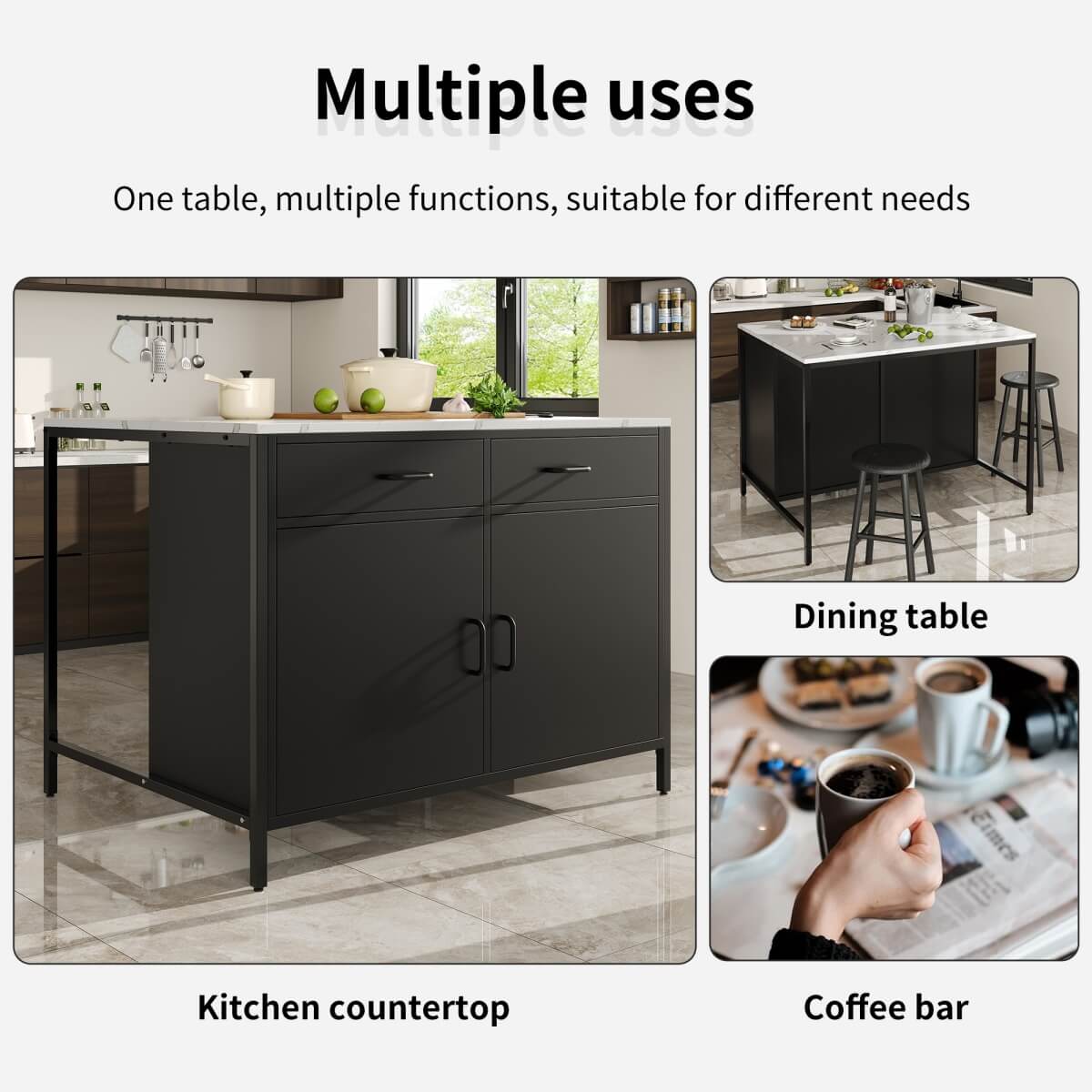 Standing Desk Bar Table - Modern Marble Effect Counter Height Table for Kitchen & Dining Room, Black
