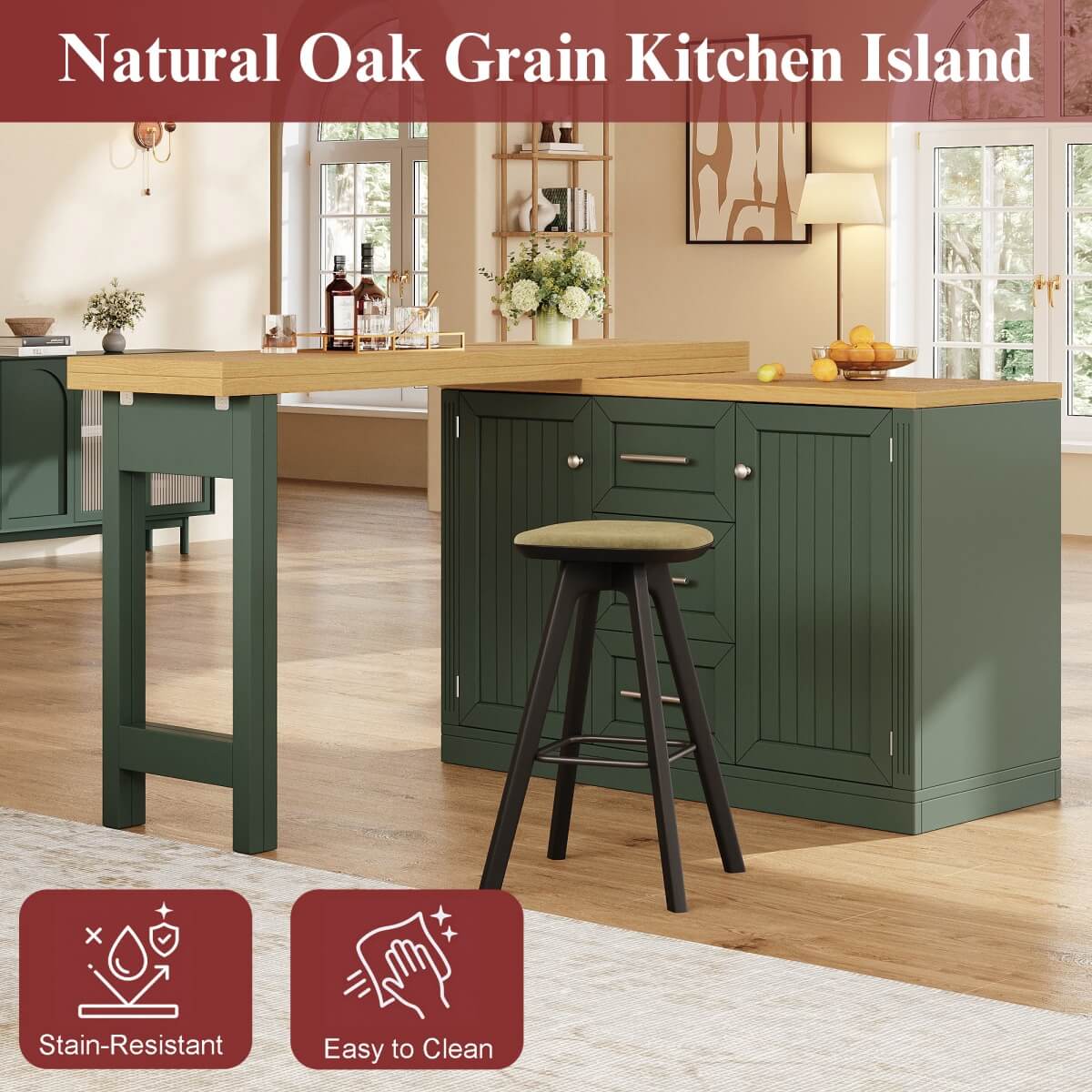 Extendable Kitchen Island with Storage - Sideboard Dining Table with 3 Drawers & Snack Racks, Antique Green
