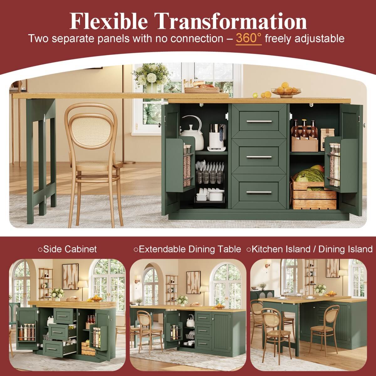 Extendable Kitchen Island with Storage - Sideboard Dining Table with 3 Drawers & Snack Racks, Antique Green