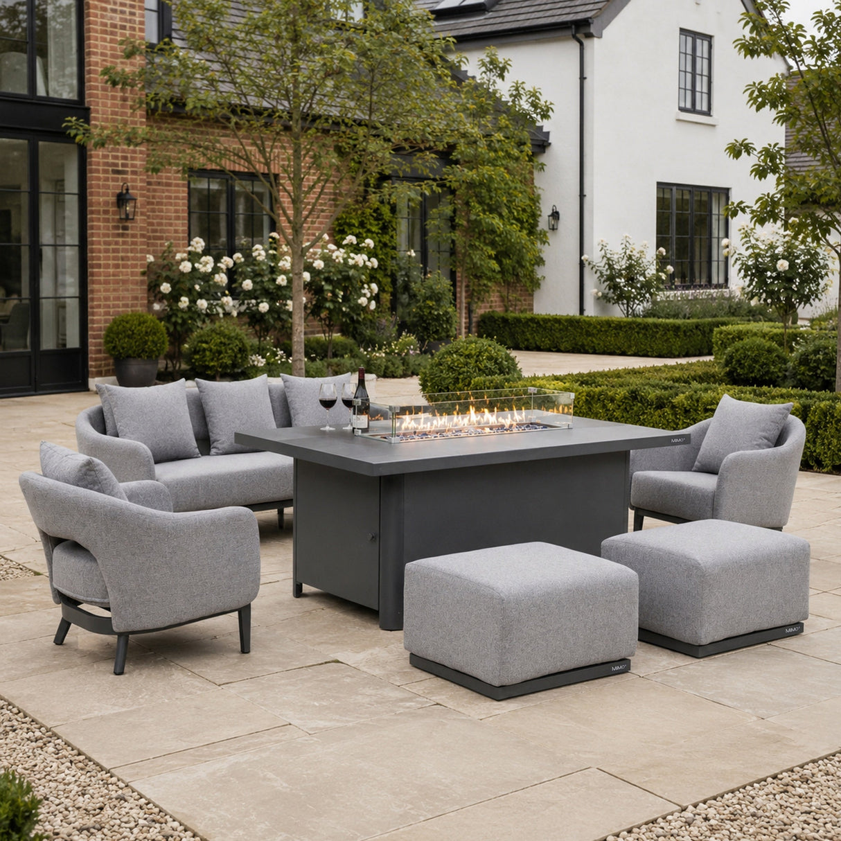 VELORA Aluminium Outdoor Lounge Set with TALARA Fire Pit Table & VAREL Ottomans