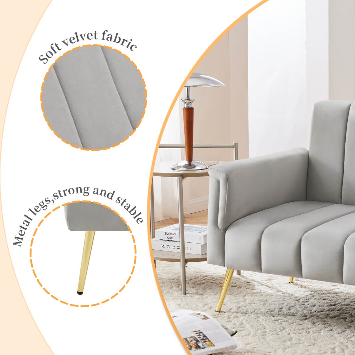 Modern Velvet Sofa Bed - Adjustable Backrest & Armrests, Convertible Sleeper with Metal Legs for Living Room, Bedroom & Guest Room, Grey