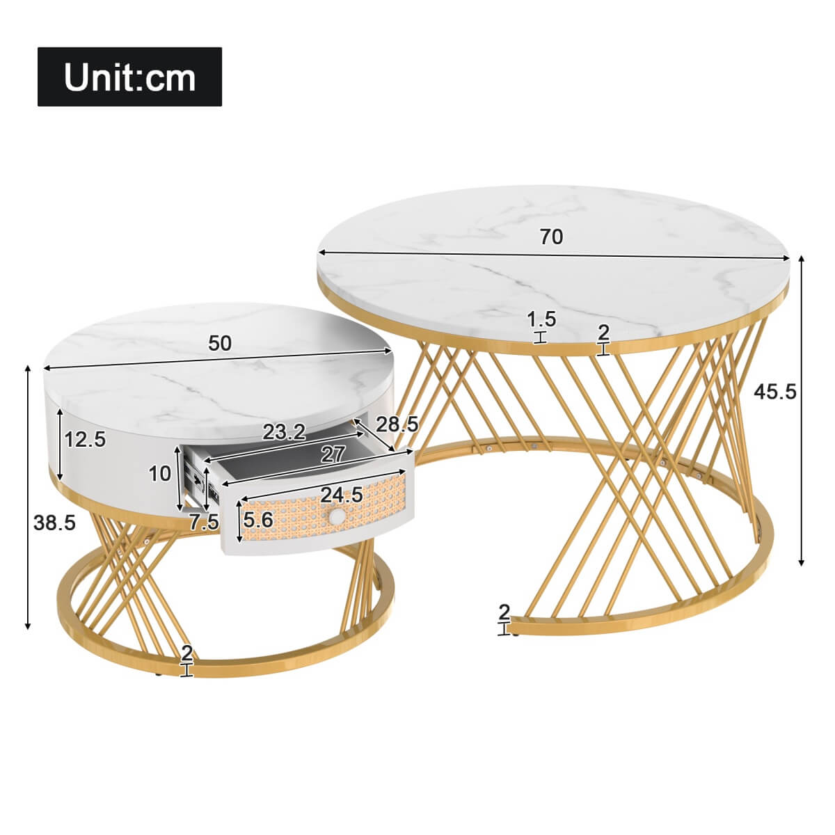 2-in-1 Round Coffee Table – Marble Effect Top, Rattan Drawers, Gold Iron Legs