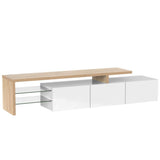 Modern TV Stand - High Gloss White TV Unit with Glass Shelves, LED Lighting & Storage, Wood Effect Design