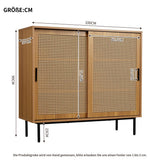 Rattan Sideboard Cabinet - Walnut Storage Cupboard with Sliding Barn Doors and Adjustable Shelves