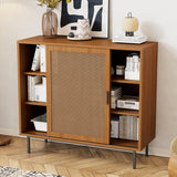 Rattan Sideboard Cabinet - Walnut Storage Cupboard with Sliding Barn Doors and Adjustable Shelves