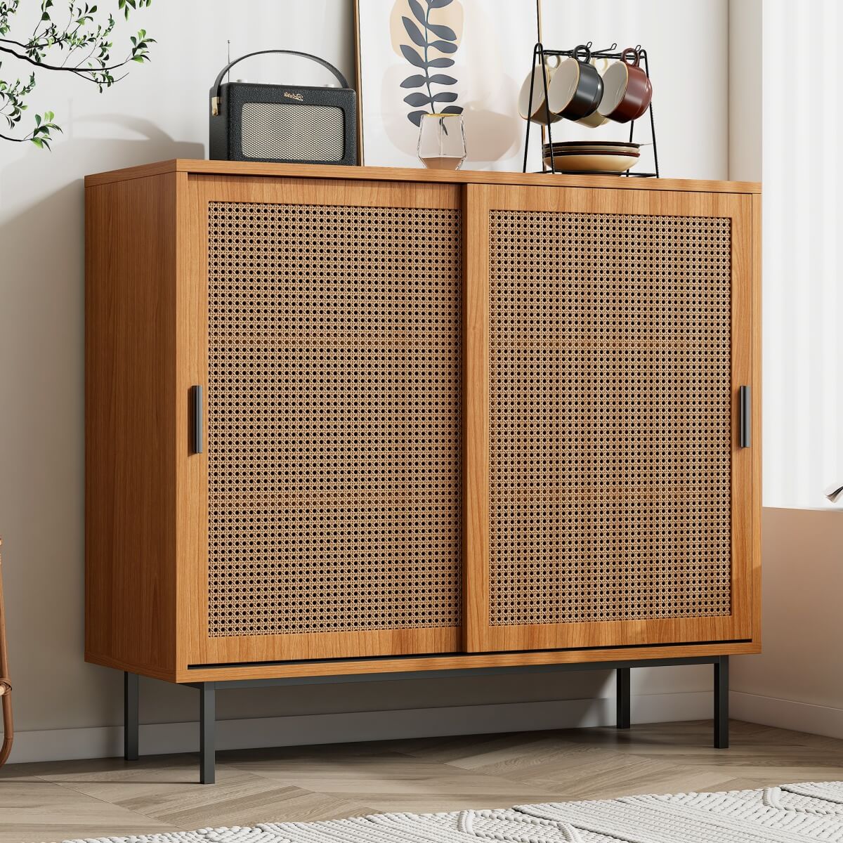 Rattan Sideboard Cabinet - Walnut Storage Cupboard with Sliding Barn Doors and Adjustable Shelves