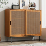 Rattan Sideboard Cabinet - Walnut Storage Cupboard with Sliding Barn Doors and Adjustable Shelves