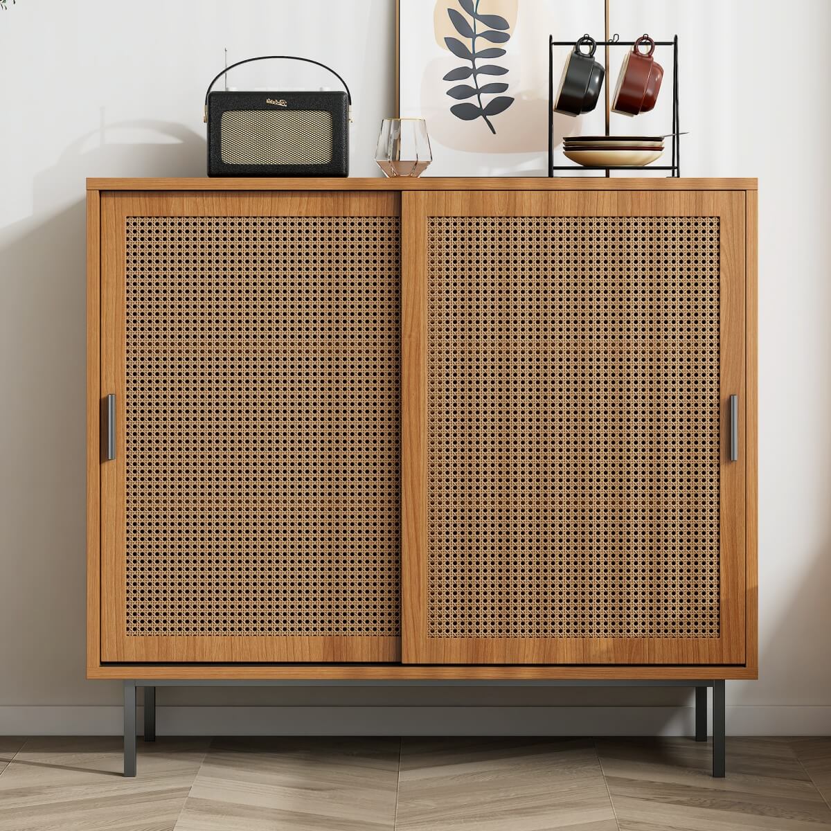 Rattan Sideboard Cabinet - Walnut Storage Cupboard with Sliding Barn Doors and Adjustable Shelves