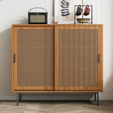 Rattan Sideboard Cabinet - Walnut Storage Cupboard with Sliding Barn Doors and Adjustable Shelves