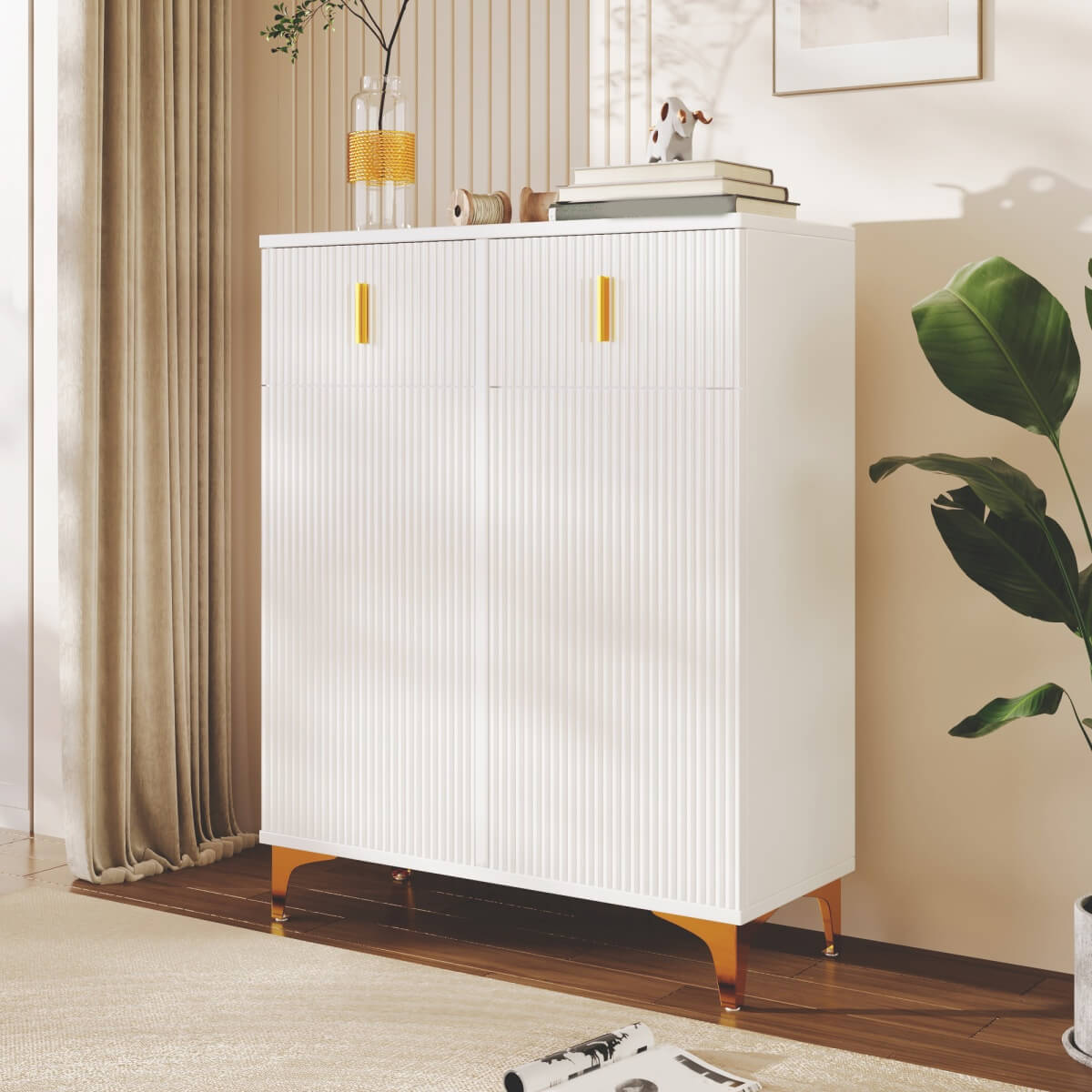 Modern Sideboard Cabinet and Shoe Storage Unit with Drawers - Adjustable Shelves, Decorative Panels and Gold Effect Accents