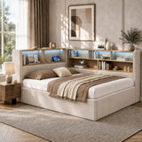 4ft6 Double Velvet Upholstered Daybed with Hydraulic Storage - L-Shaped Sofa Bed with LED Lights and USB Charging, Beige