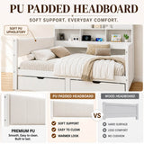 3ft Single Kids Storage Bed with Overbed Cabinets - White Bed Frame with 2 Drawers, RGB LED Lights, USB Charging Station and PU Headboard