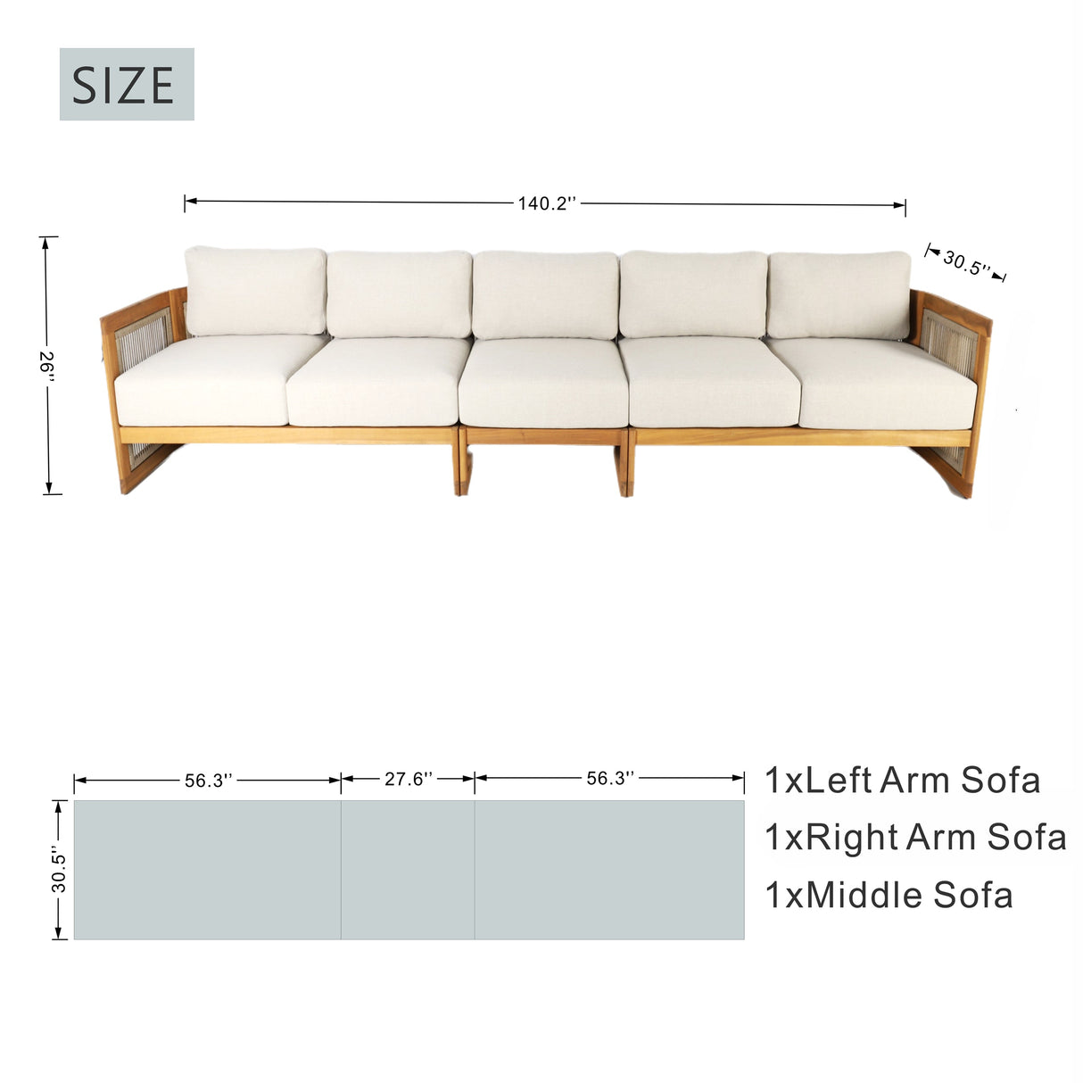 I-Shape 5-Seater Solid Acacia Modular Sofa – Armless Middle with Side Support (PAS-2516-LS+MS+RS)