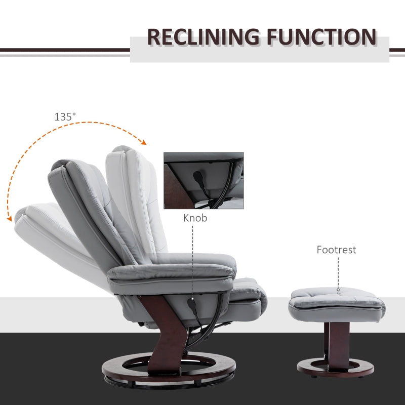 Recliner Chair with Footstool, 130kg Capacity, 135?? Reclining Swivel, PU Leather Grey