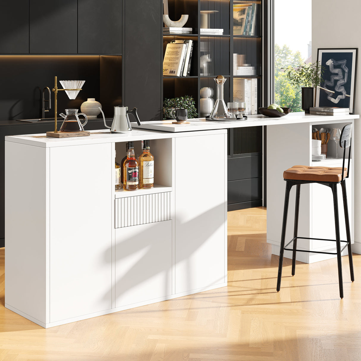 360¡ã swivelling bar table (main body 198.5 x 30 x 75 cm), modern and sleek design, with open storage space and marble worktop, suitable for kitchen, living room and dining room, white