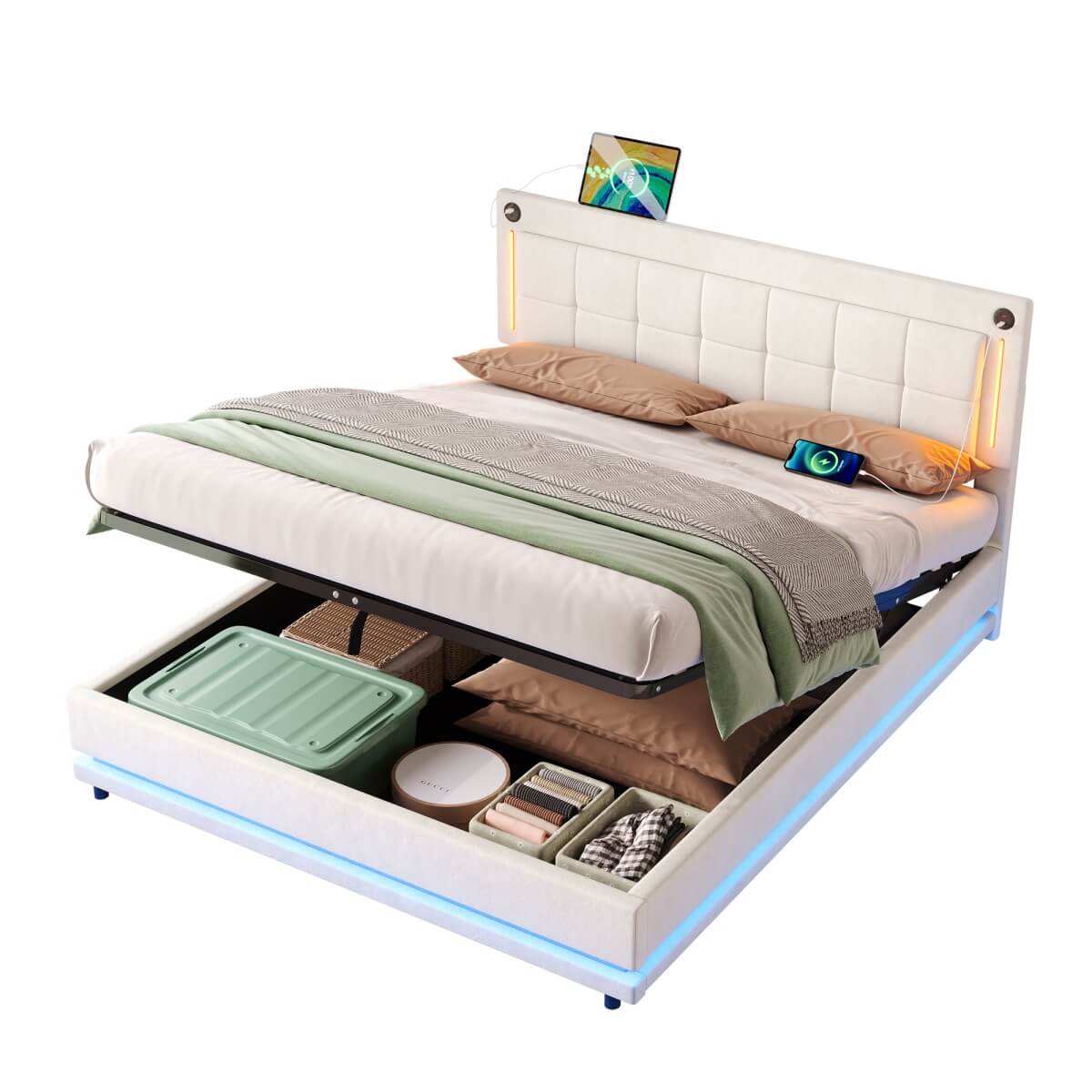 4ft6 Double Velvet LED Hydraulic Bed - Adjustable Tufted Headboard with USB and Type C Charging