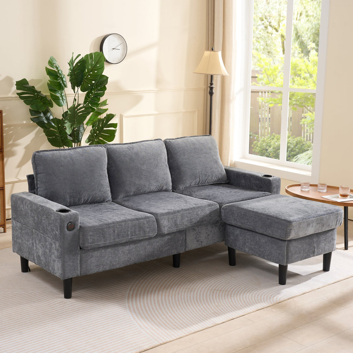 L-Shaped Couch Sofa, Corner 3 Seater Sectional with USB and Cup Holder (Grey)