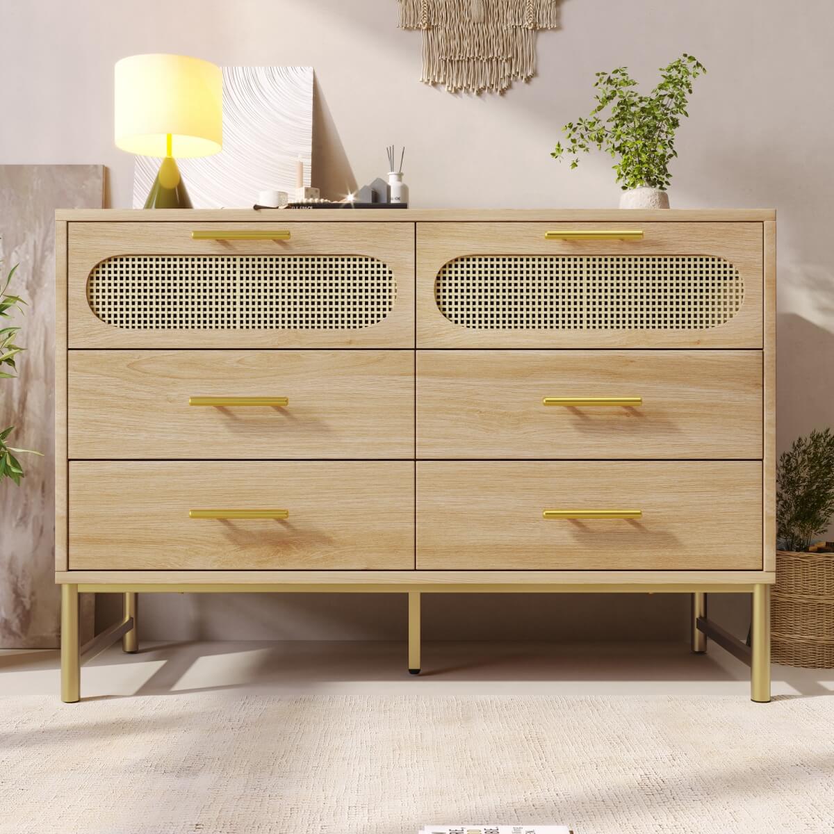 Rattan Sideboard Cabinet with 6 Drawers - Wooden Storage Cupboard for Living Room, Oak