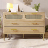 Rattan Sideboard Cabinet with 6 Drawers - Wooden Storage Cupboard for Living Room, Oak