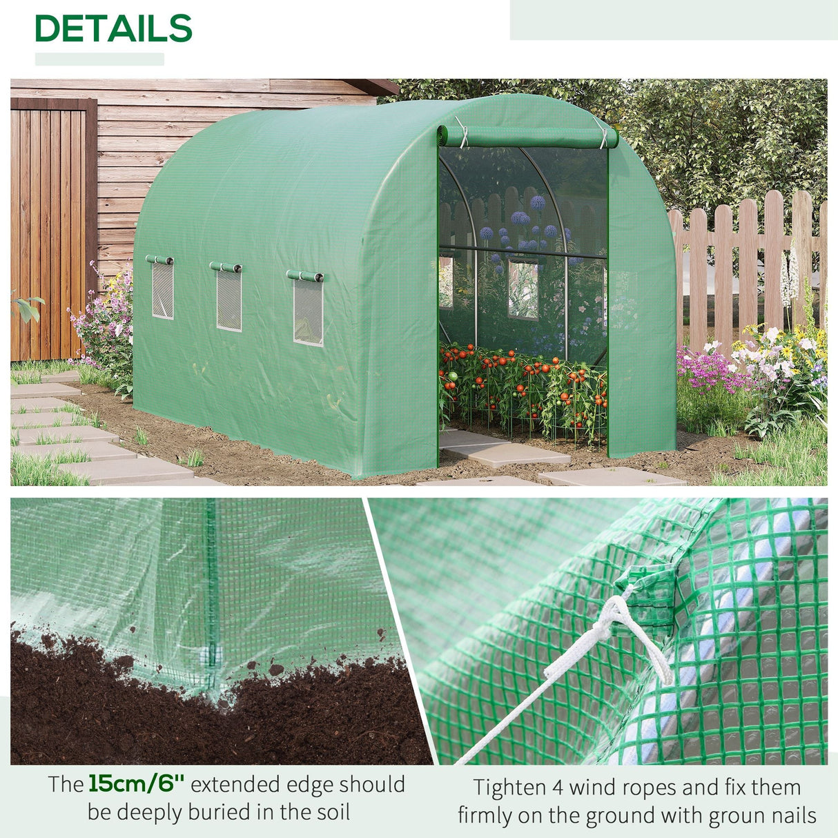 Walk-In Polytunnel Greenhouse, 3.5 x 2m Steel Frame, PE Cover, Roll-Up Door and 6 Windows, Green