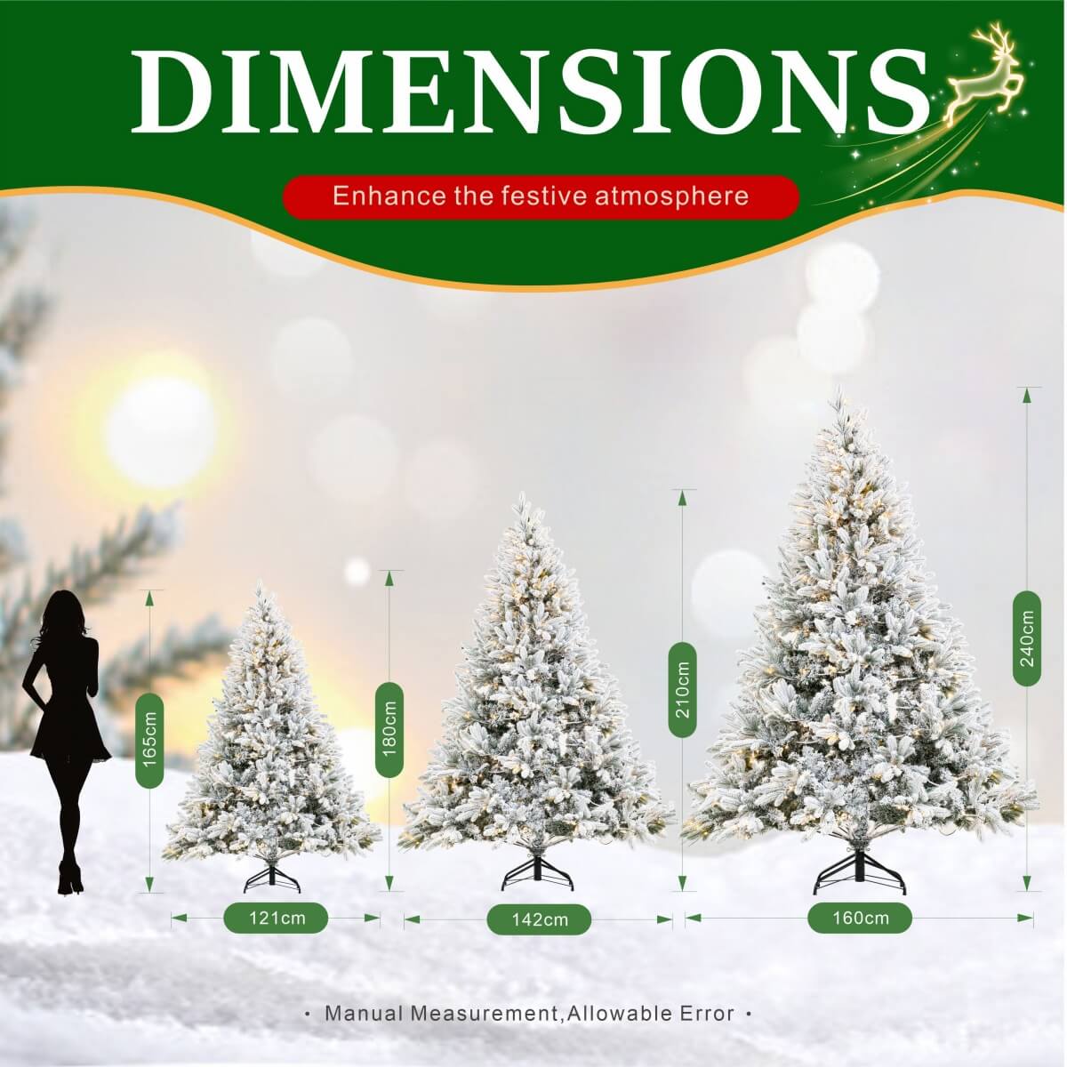 Realistic Snow-Flocked Green Artificial Christmas Tree - Full PVC & PE Mixed-Foliage Xmas Tree with Pre-Lit Warm White LED Lights & Faux Snow Effect, 6ft/7ft/8ft