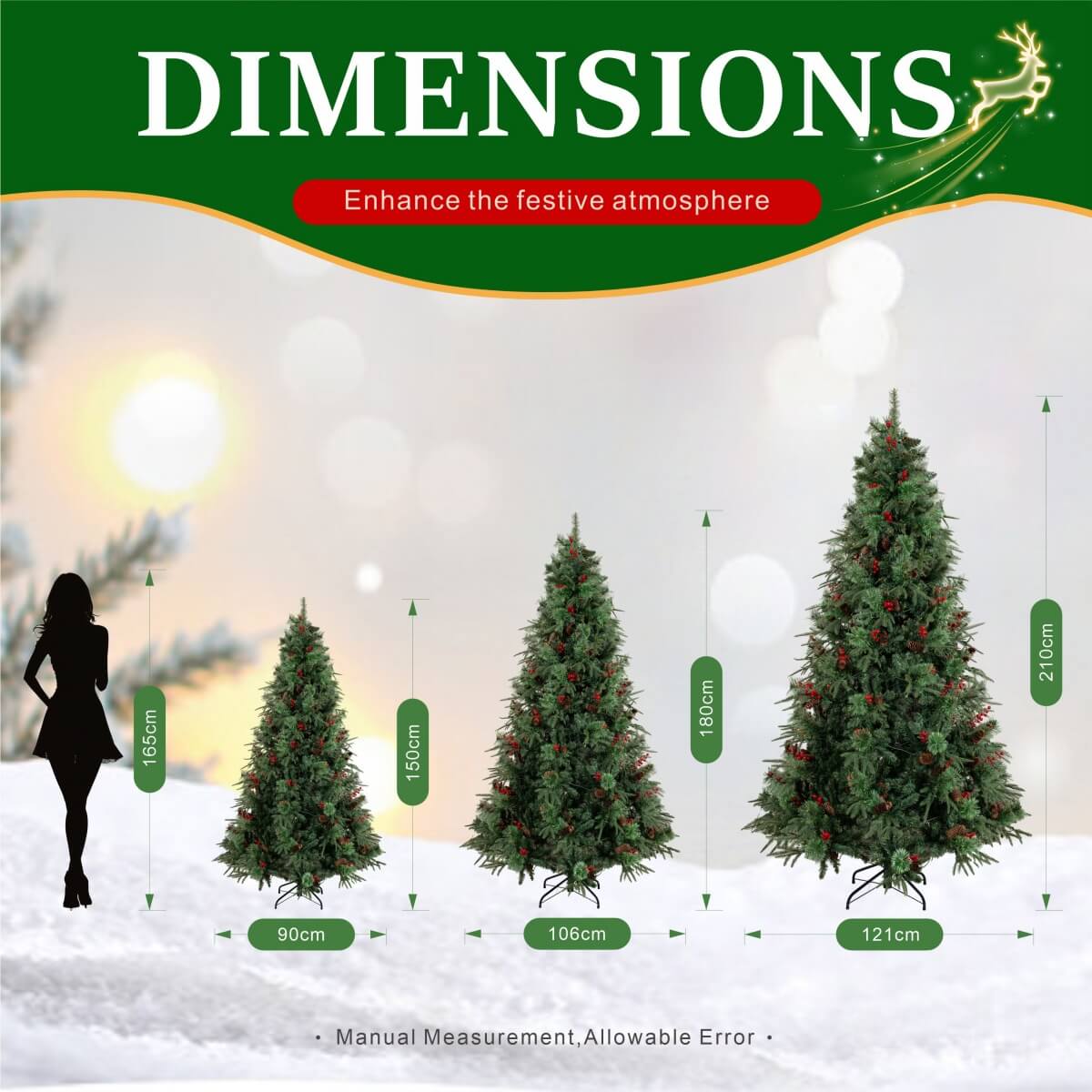 Realistic Full Green Artificial Christmas Tree with Pine Cones & Red Berries - Easy-Setup PVC Xmas Tree, 5ft/6ft/7ft
