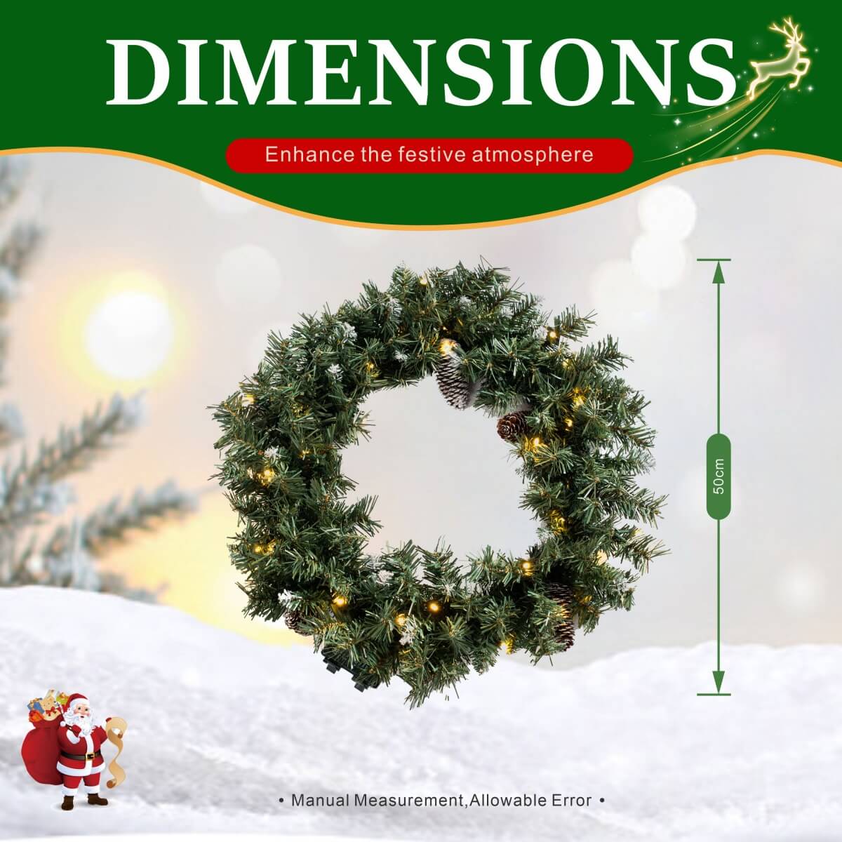 Realistic Christmas Wreath with Pine Cones - Full PVC Foliage Wreath with Pre-Lit LED Lights for Festive Door & Home Decoration