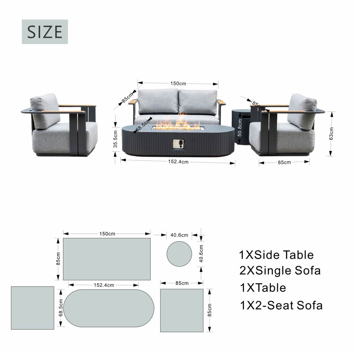 VAREL 4-Piece Sofa Set with LYRIN Fire Pit Table (2 Armchairs + 2-Seater)