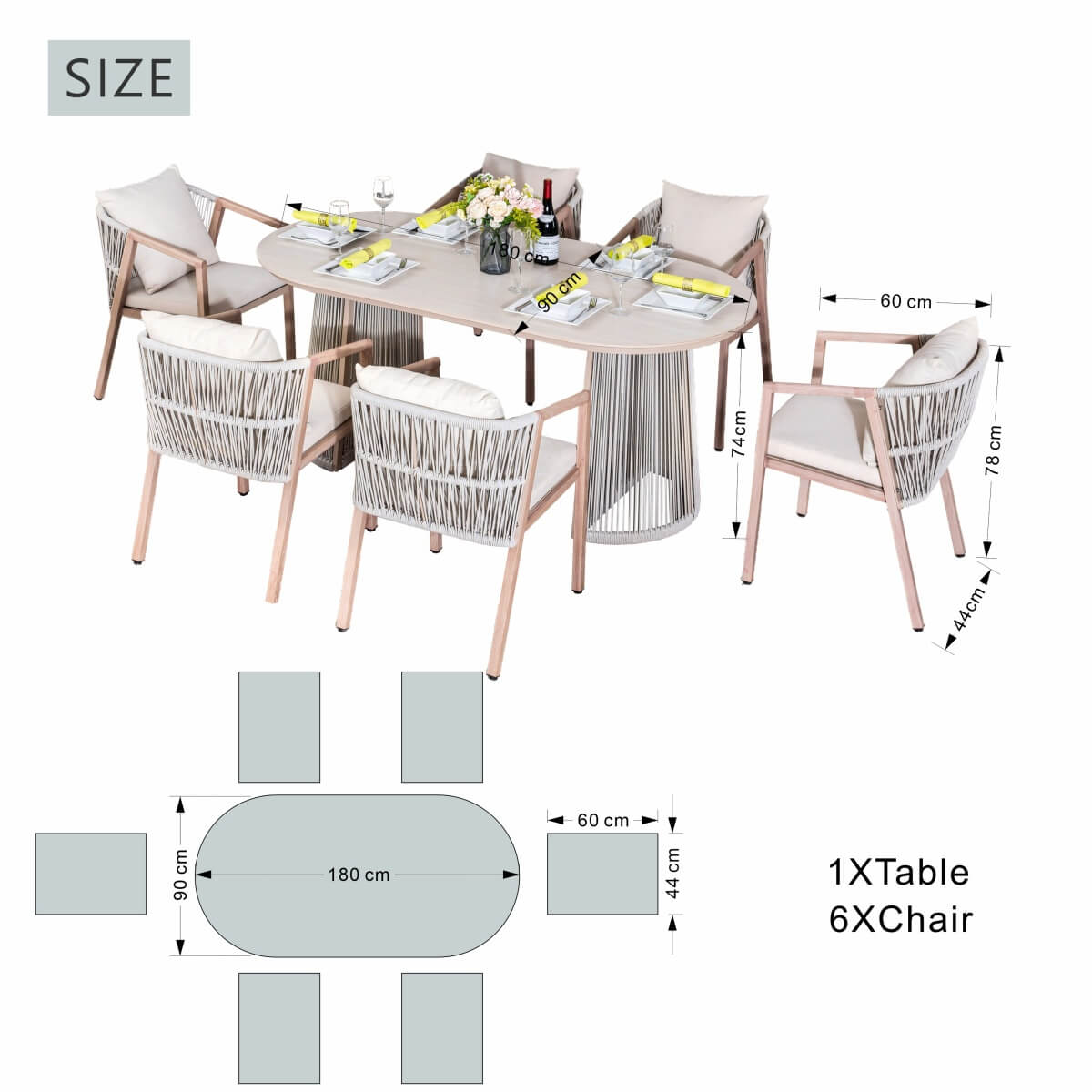 6-Seater Garden Dining Set - Metal Frame, Wood-Effect Table & Chairs