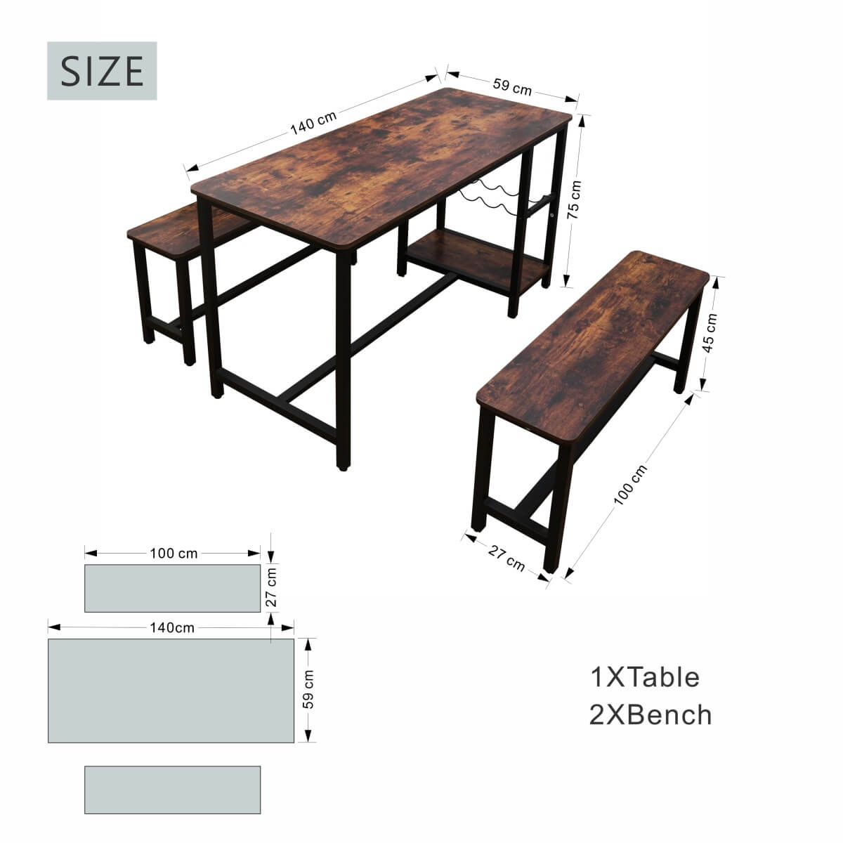 3 Piece Dining Table and Bench Set - Space Saving Kitchen Table Set, Brown