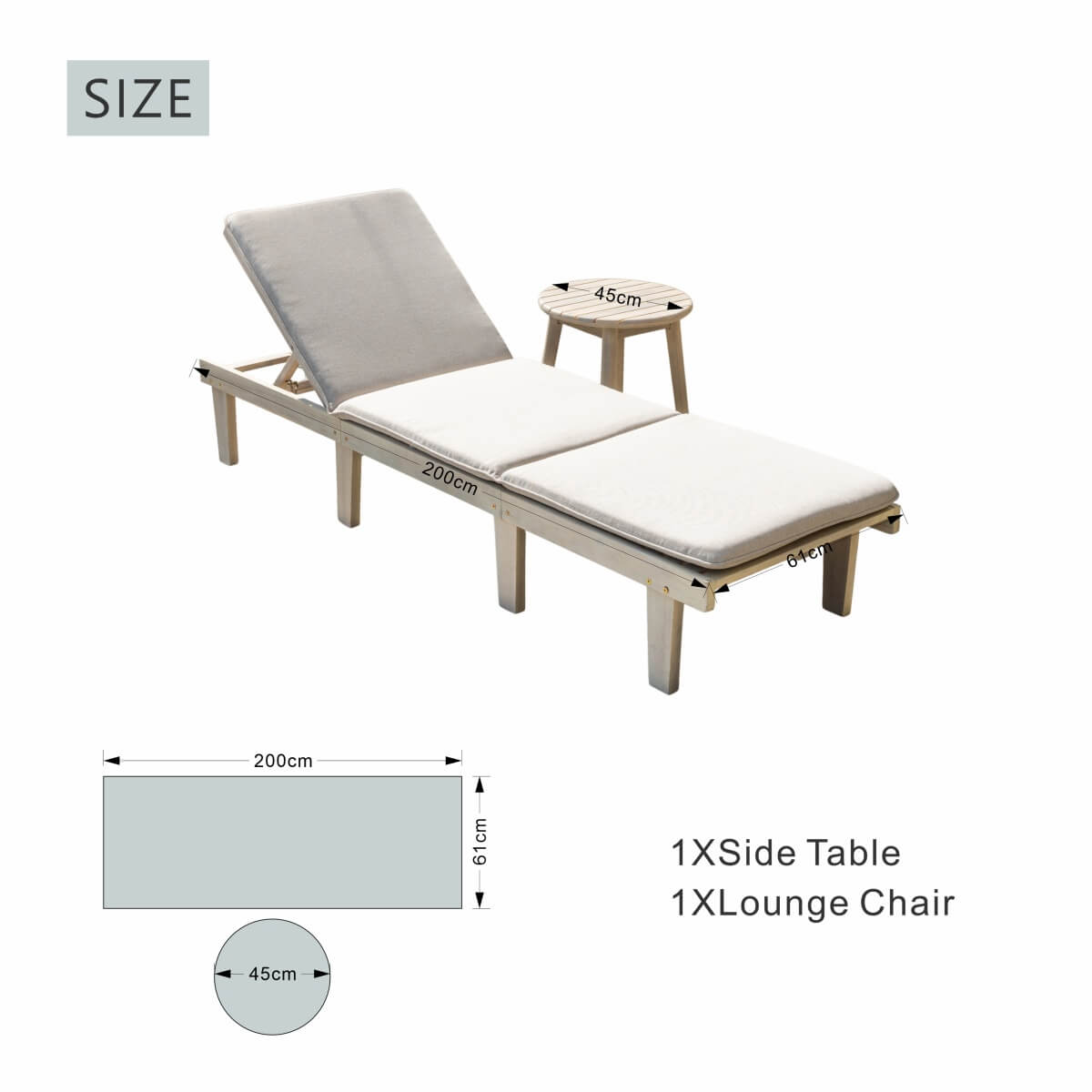 Wooden Garden Sun Lounger Set - Adjustable Backrest with Side Table