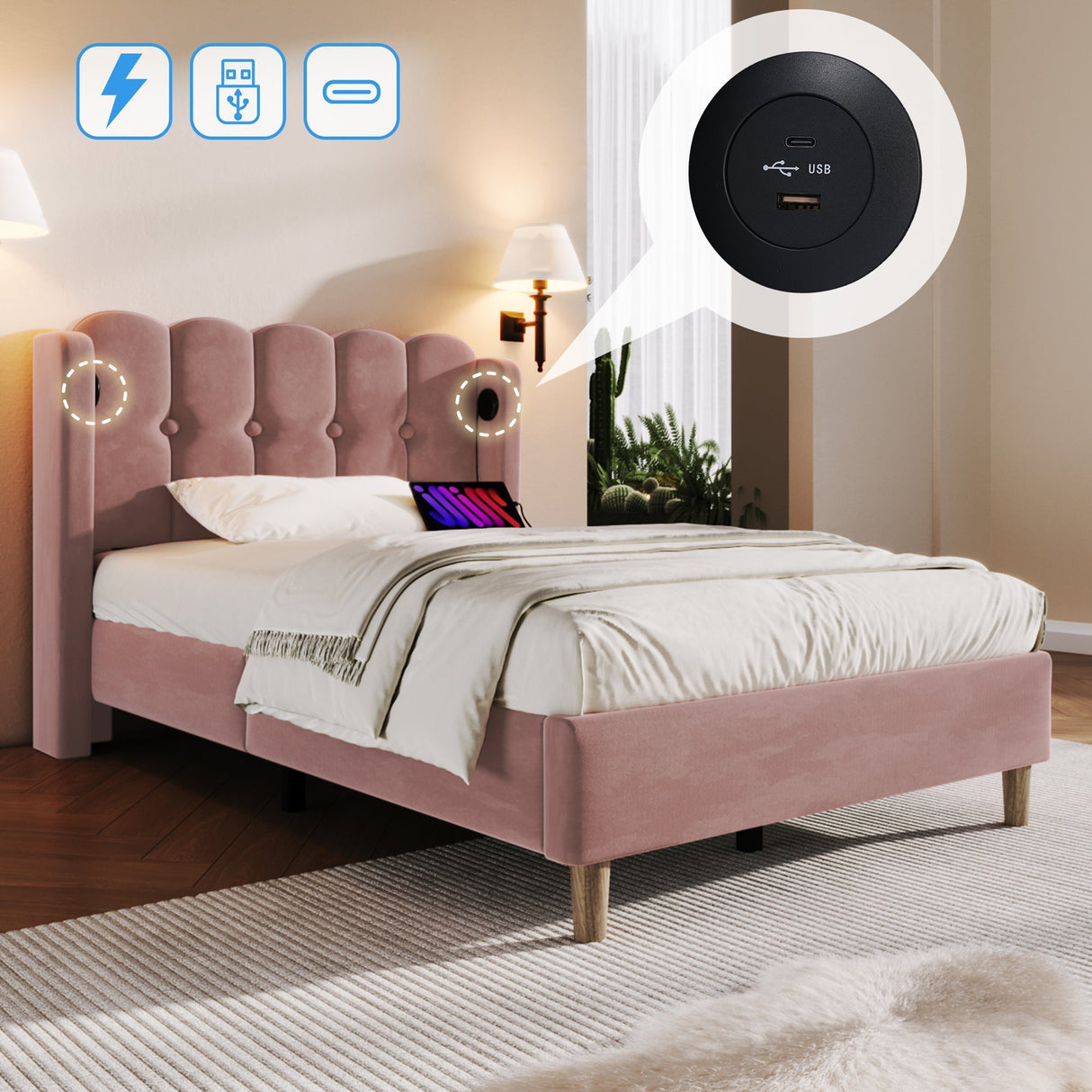 Upholstered Single Bed with USB and Type-C Charging, Pink, Velvet Material