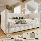 3ft Velvet Daybed with Trundle - Upholstered Sofa Bed with USB & Type-C Charging Ports, Beige