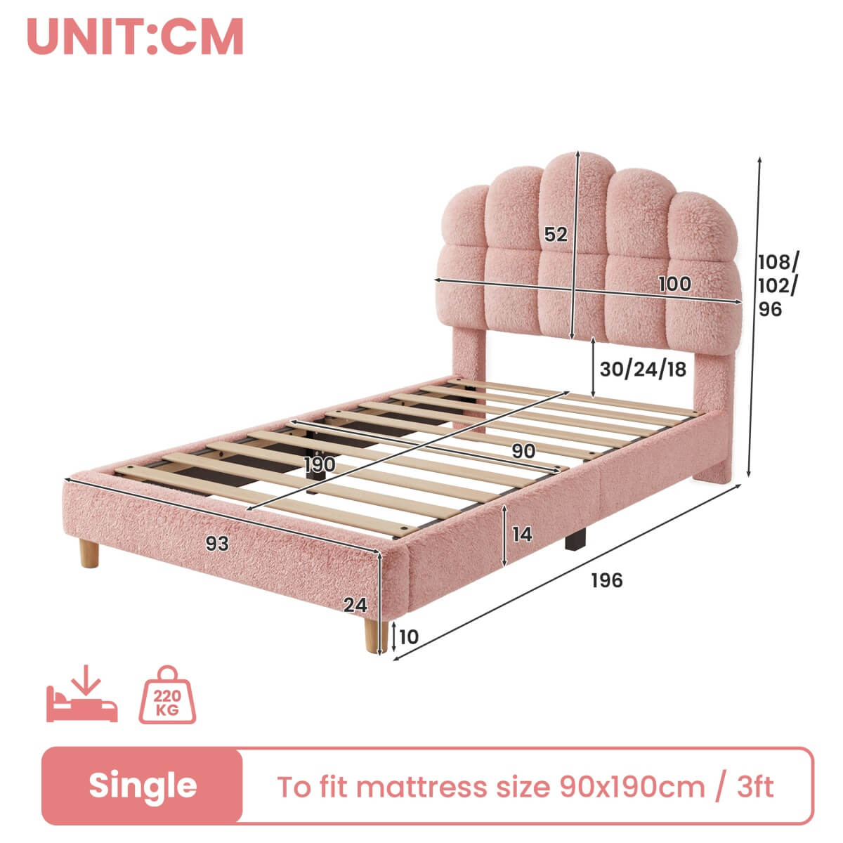 3ft Single Boucle Upholstered Bed Frame with Cloud-Shaped Headboard - Adjustable Headboard, Solid Wood Legs and Sturdy Support, No Box Spring Required, Pink