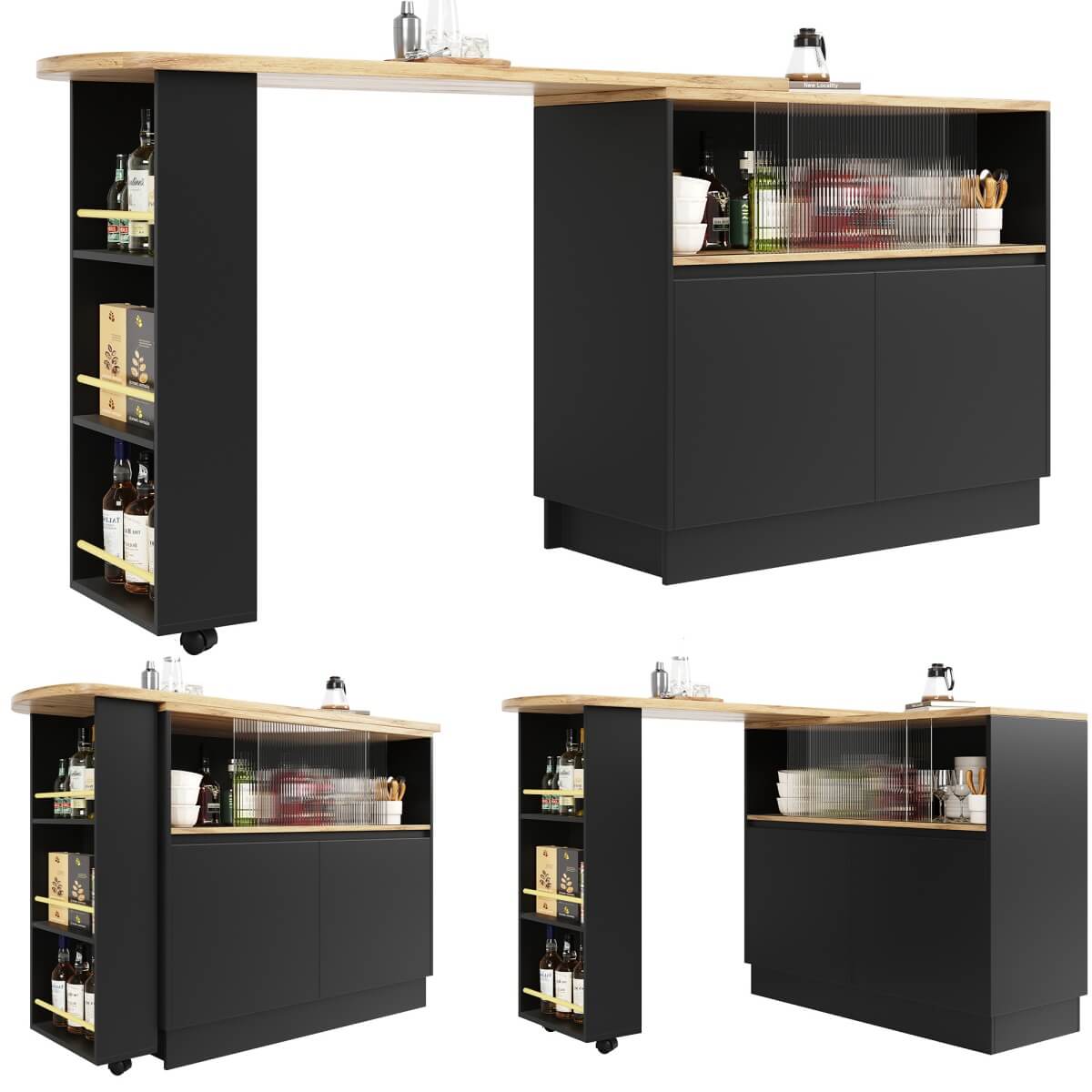 360° Swivel Kitchen Bar Sideboard - Modern Black Multifunctional Storage Cabinet with Glass Shelves
