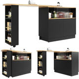 360° Swivel Kitchen Bar Sideboard - Modern Black Multifunctional Storage Cabinet with Glass Shelves