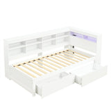 3ft Single Wooden Daybed with Storage Drawers - LED Bed Frame with Bedside Storage and Charging Station, White